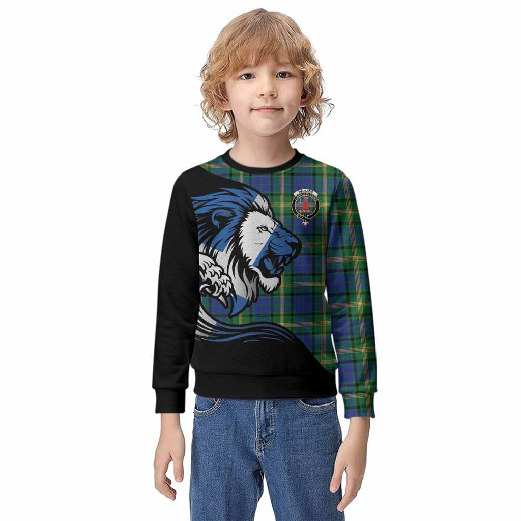 Maitland Tartan Crest Kid Knitted Sweatshirt Scottish Golden Lions Wave Flow