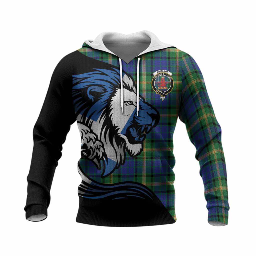 Maitland Tartan Crest Knitted Hoodie Scottish Golden Lions Wave Flow