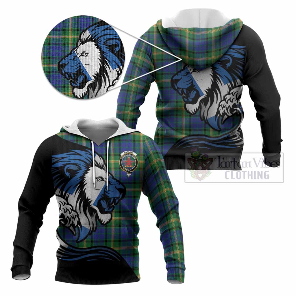 Maitland Tartan Crest Knitted Hoodie Scottish Golden Lions Wave Flow