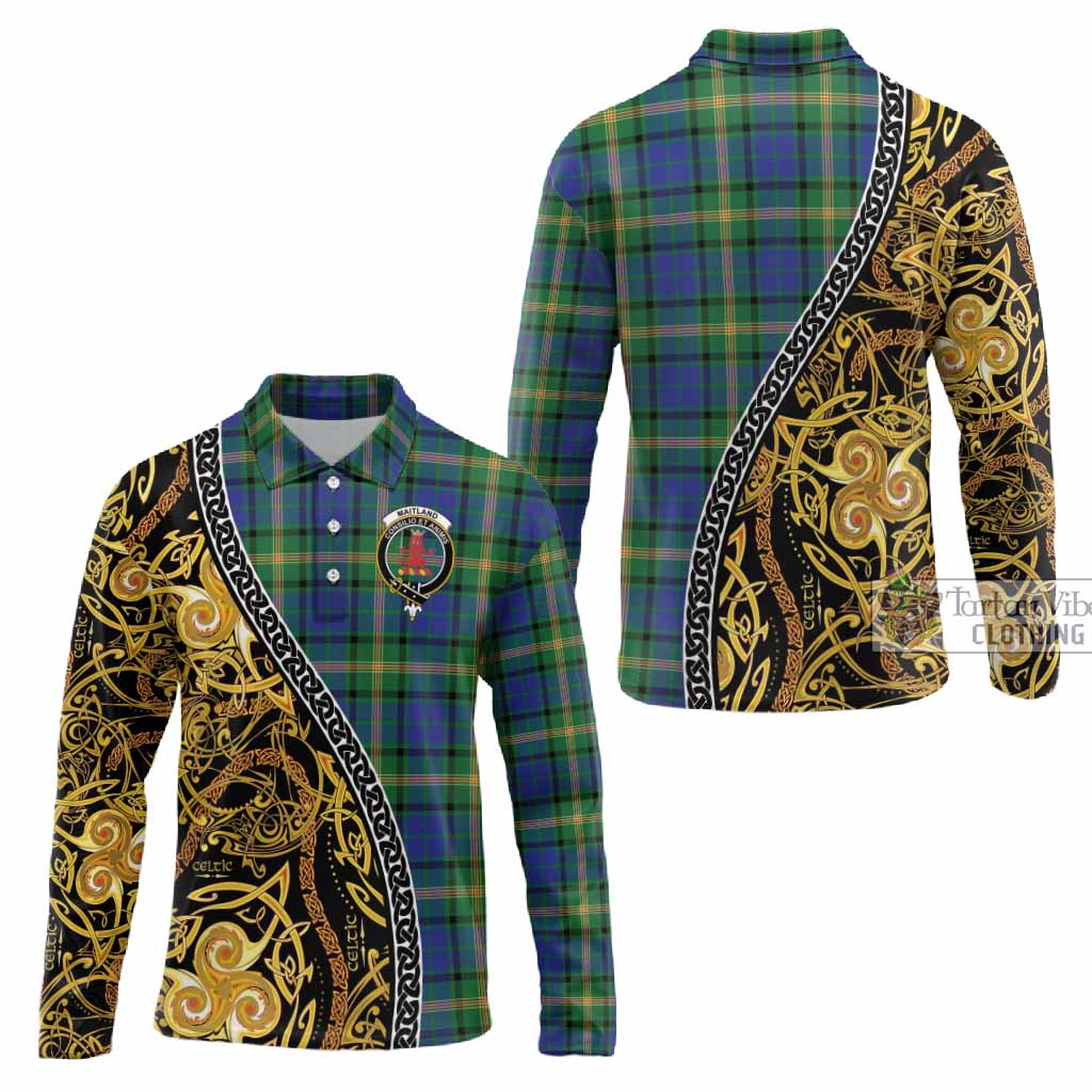 Maitland Tartan Crest Long Sleeve Polo Shirt Celtic Knot and Triple Trickle Spiral Symbols