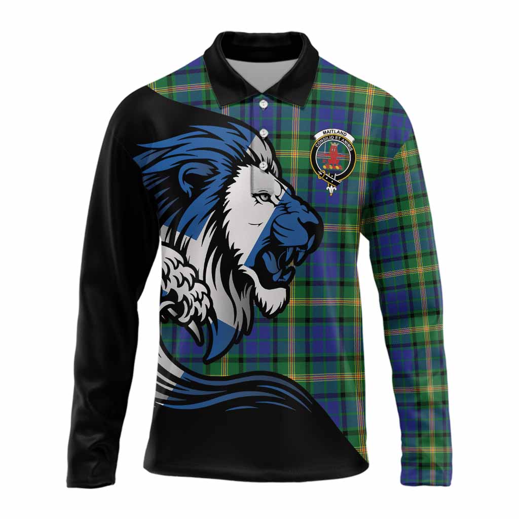 Maitland Tartan Crest Long Sleeve Polo Shirt Scottish Golden Lions Wave Flow