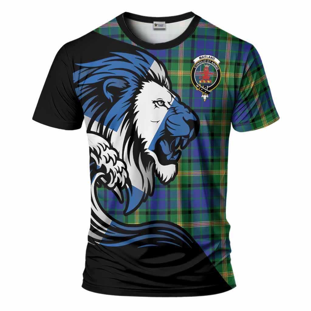 Maitland Tartan Crest T-Shirt Scottish Golden Lions Wave Flow