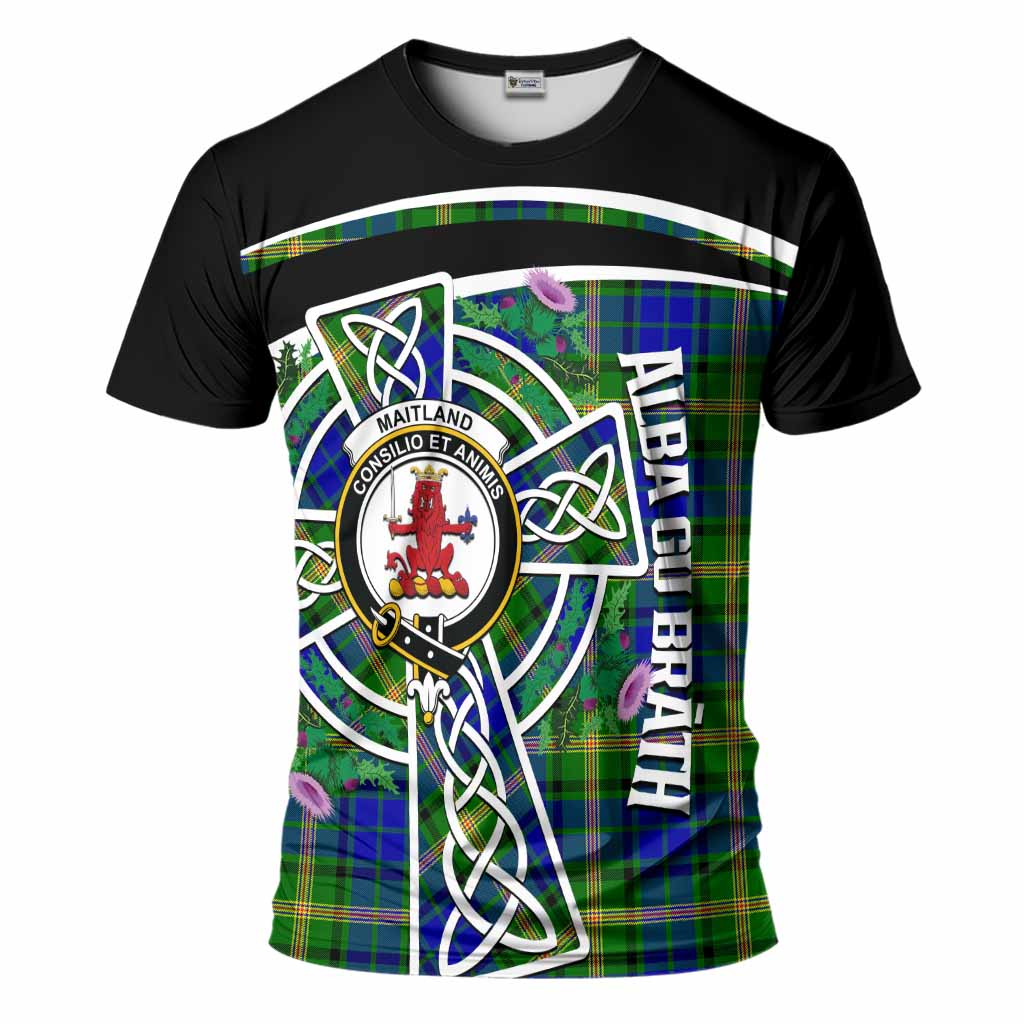 Maitland Tartan Crest T-Shirt Scottish Thistle Celtic Cross Alba Gu Brath