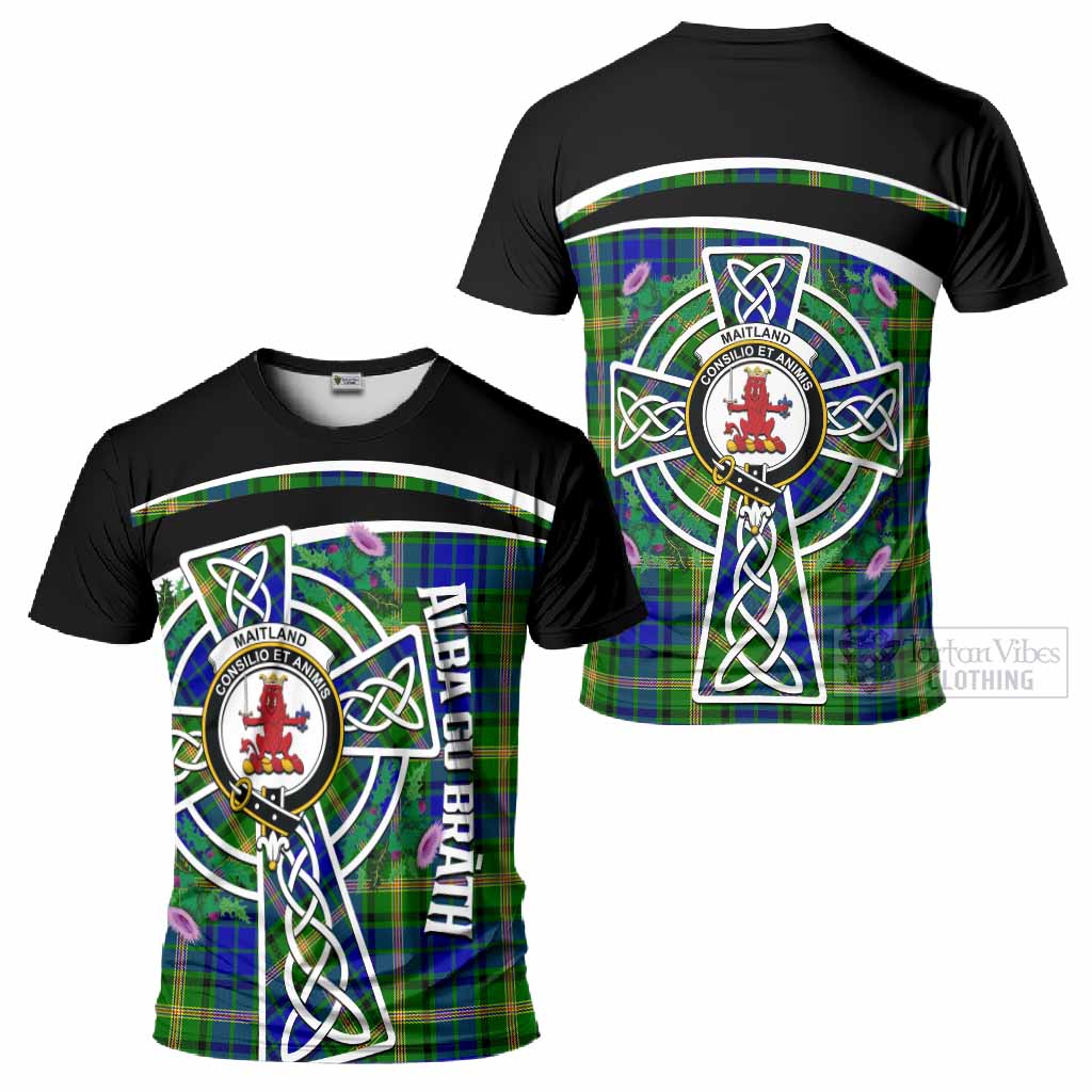 Maitland Tartan Crest T-Shirt Scottish Thistle Celtic Cross Alba Gu Brath