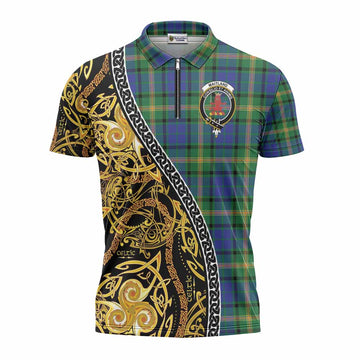 Maitland Tartan Crest Zipper Polo Shirt Celtic Knot and Triple Trickle Spiral Symbols