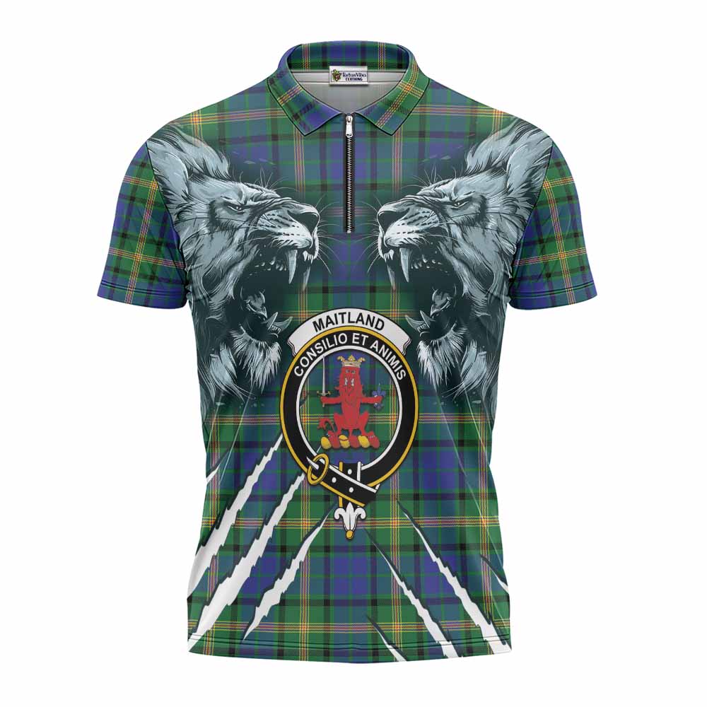 Maitland Tartan Crest Zipper Polo Shirt Ferocious Lion Style