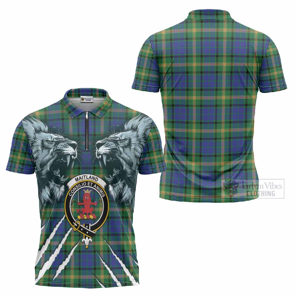 Maitland Tartan Crest Zipper Polo Shirt Ferocious Lion Style