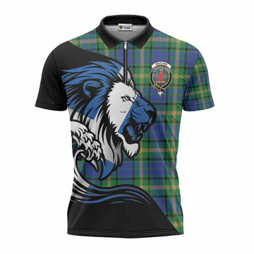 Maitland Tartan Crest Zipper Polo Shirt Scottish Golden Lions Wave Flow