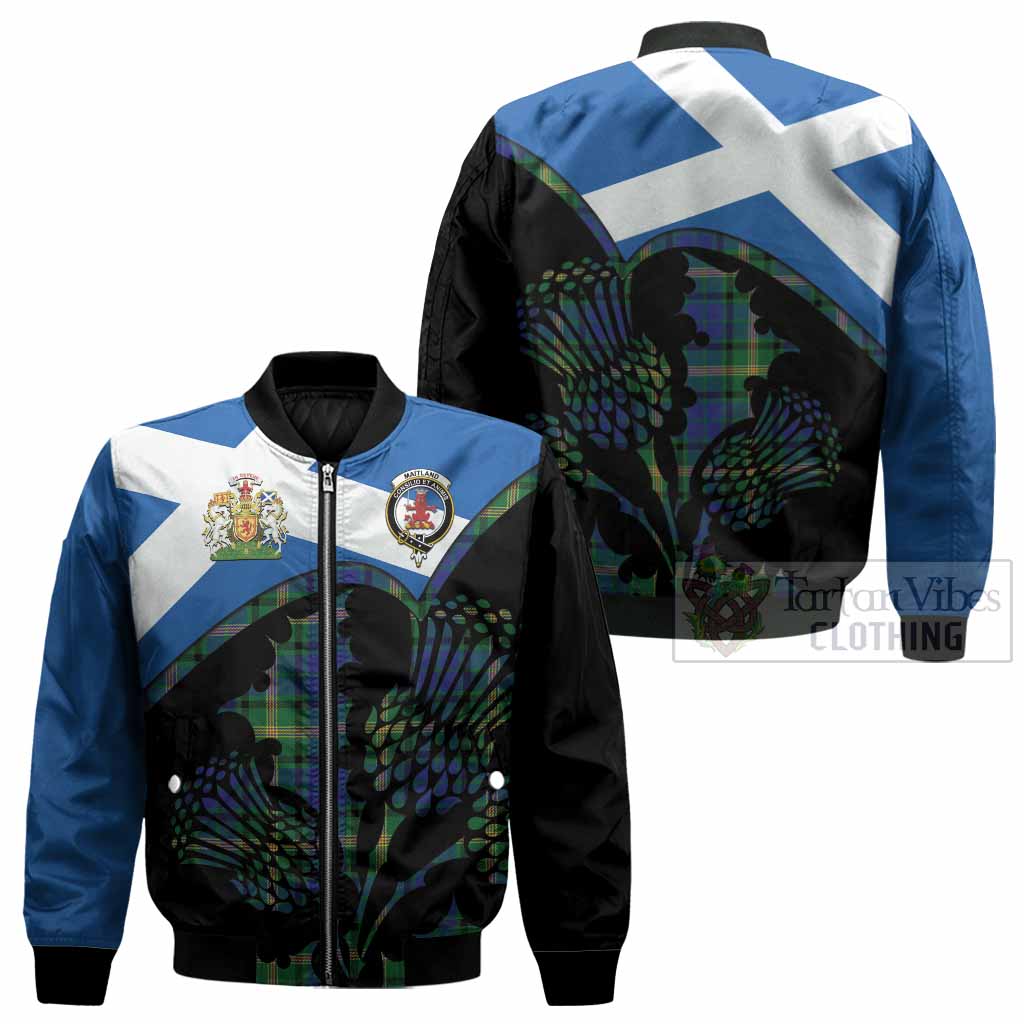 Maitland Tartan Family Crest Bomber Jacket Scotland Thistle Floral Flag Style