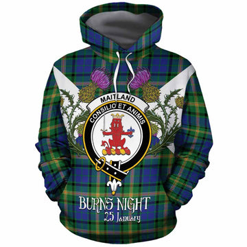 Maitland Tartan Family Crest Cotton Hoodie Scottish Burns Night Thistle Floral