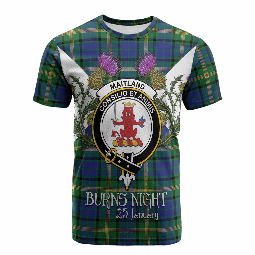 Maitland Tartan Family Crest Cotton T-shirt Scottish Burns Night Thistle Floral