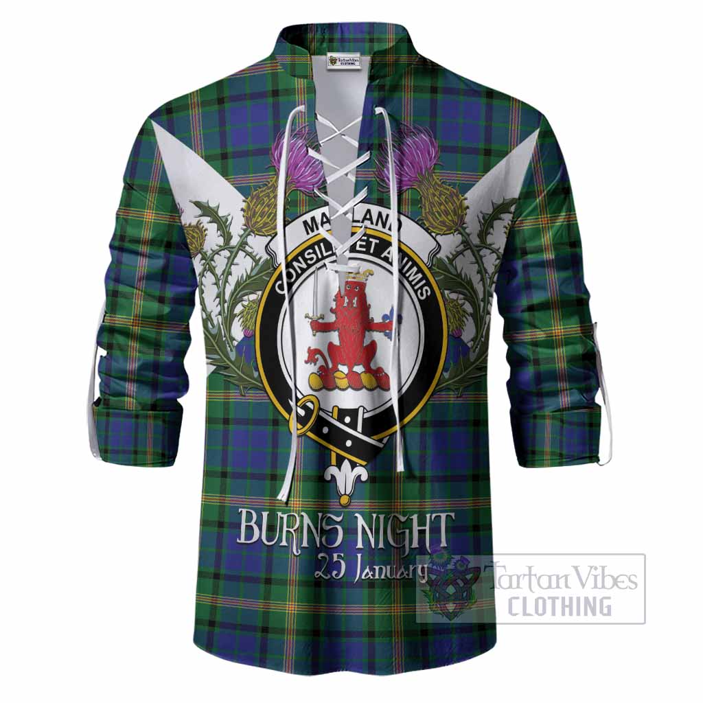 Maitland Tartan Family Crest Ghillie Shirt Scottish Burns Night Thistle Floral