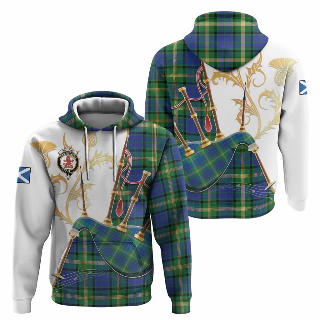 Maitland Tartan Family Crest Hoodie Bagpipes with Scottish Thistle
