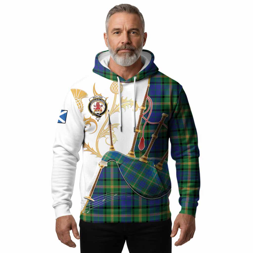 Maitland Tartan Family Crest Hoodie Bagpipes with Scottish Thistle