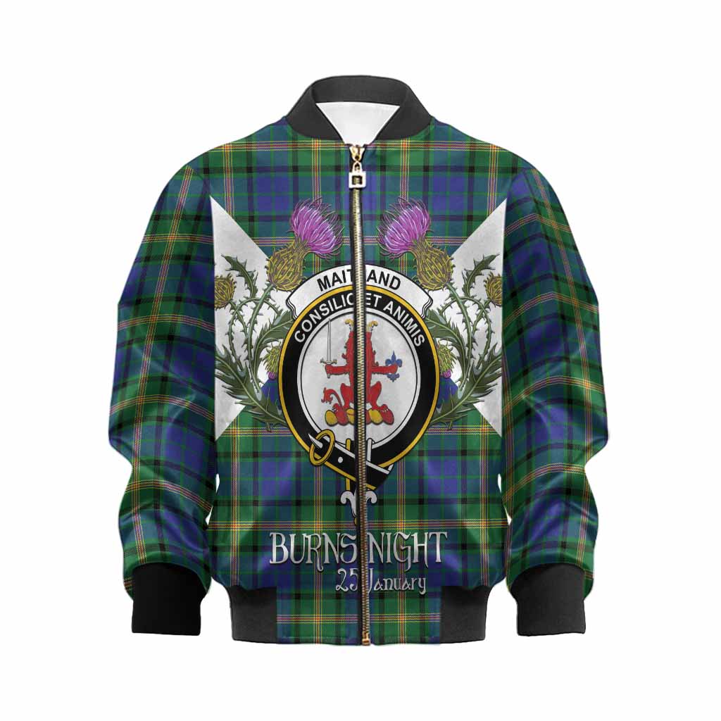 Maitland Tartan Family Crest Kid Bomber Jacket Scottish Burns Night Thistle Floral