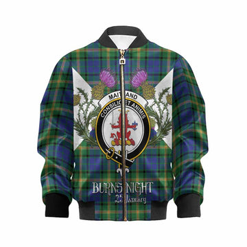 Maitland Tartan Family Crest Kid Bomber Jacket Scottish Burns Night Thistle Floral