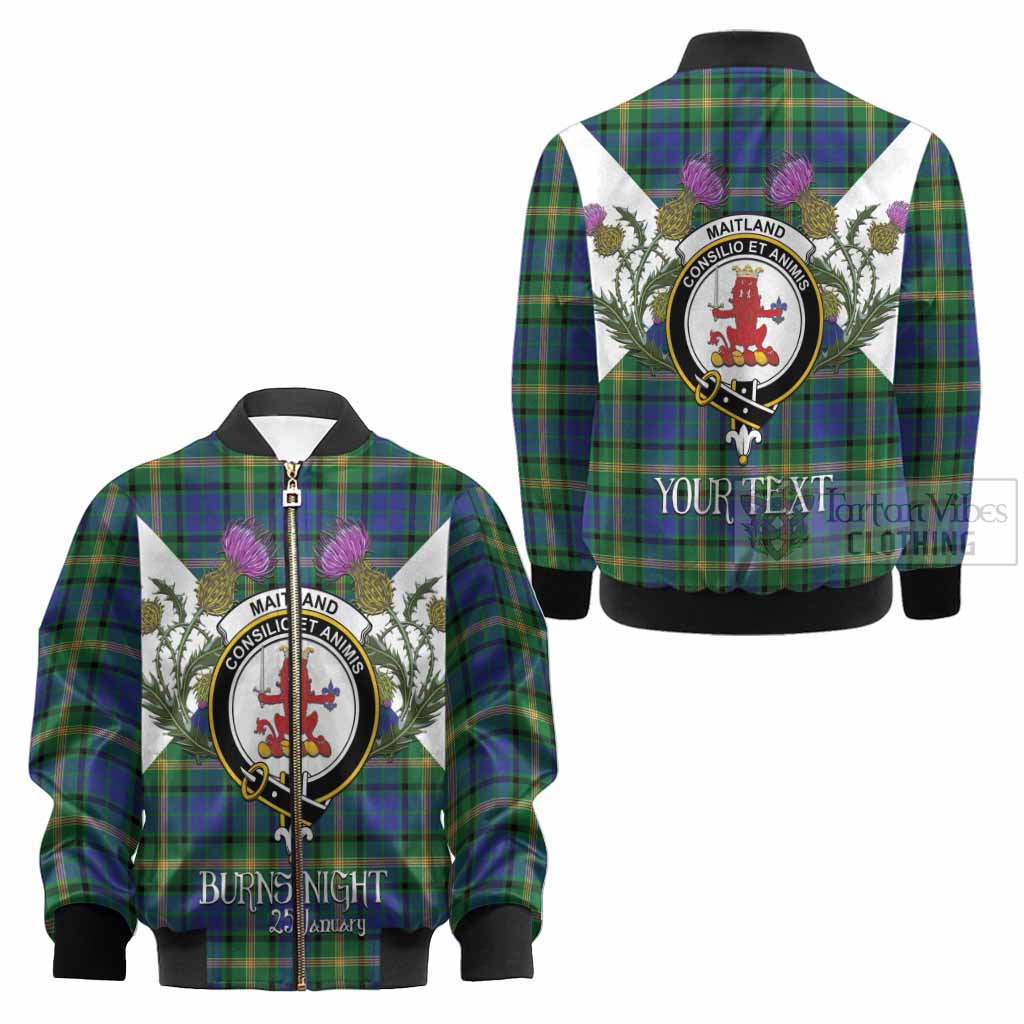 Maitland Tartan Family Crest Kid Bomber Jacket Scottish Burns Night Thistle Floral