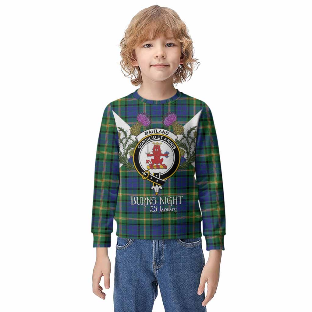Maitland Tartan Family Crest Kid Knitted Sweatshirt Scottish Burns Night Thistle Floral