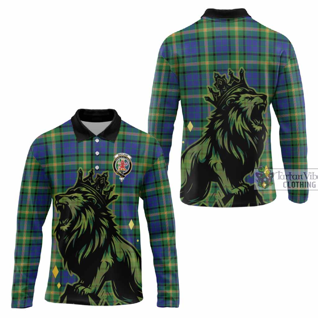 Maitland Tartan Family Crest Long Sleeve Polo Shirt Crowned Lion Roaring