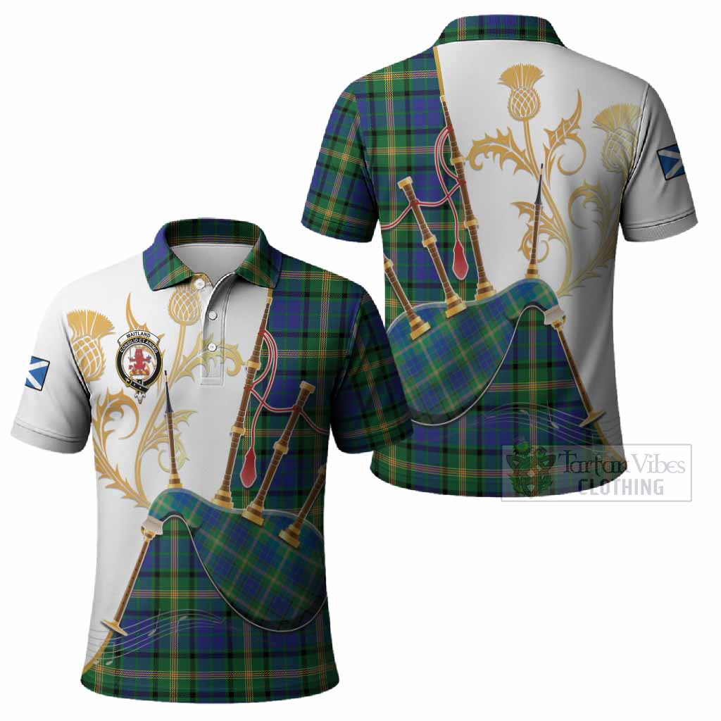 Maitland Tartan Family Crest Polo Shirt Bagpipes with Scottish Thistle