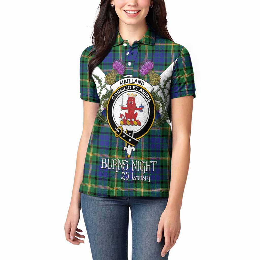 Maitland Tartan Family Crest Women Polo Shirt Scottish Burns Night Thistle Floral