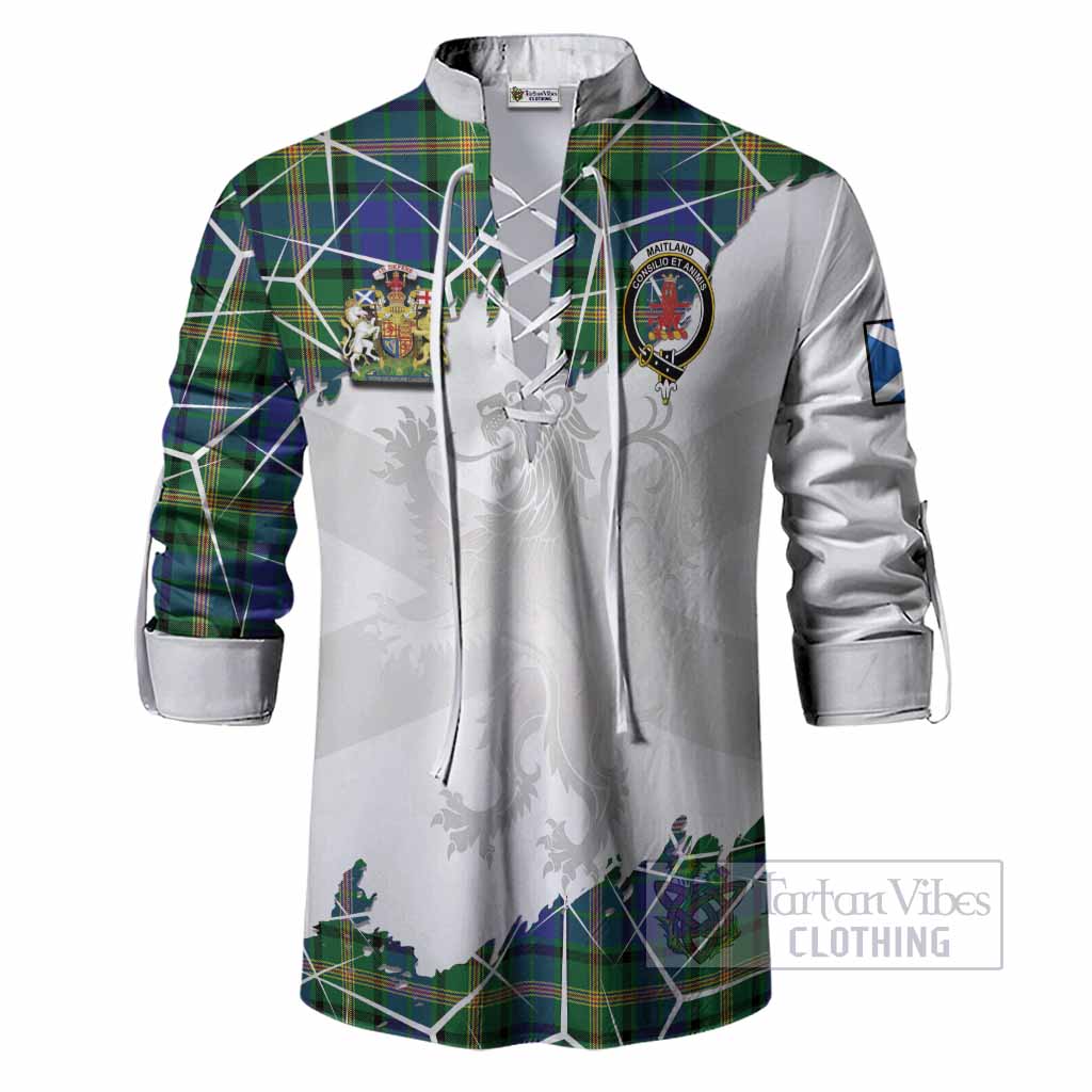 Maitland Tartan Ghillie Shirt with Family Crest and Lion Rampant Grunge Style