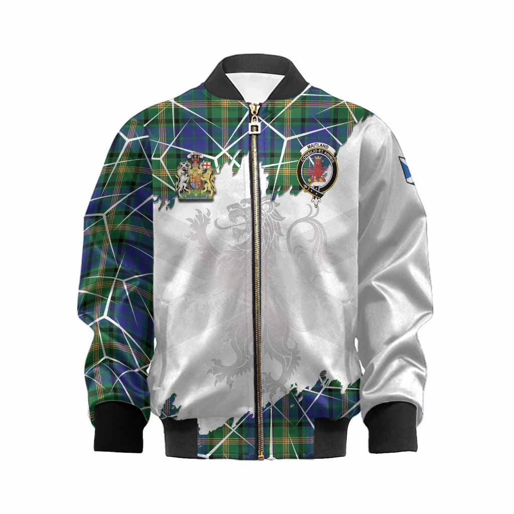 Maitland Tartan Kid Bomber Jacket with Family Crest and Lion Rampant Grunge Style