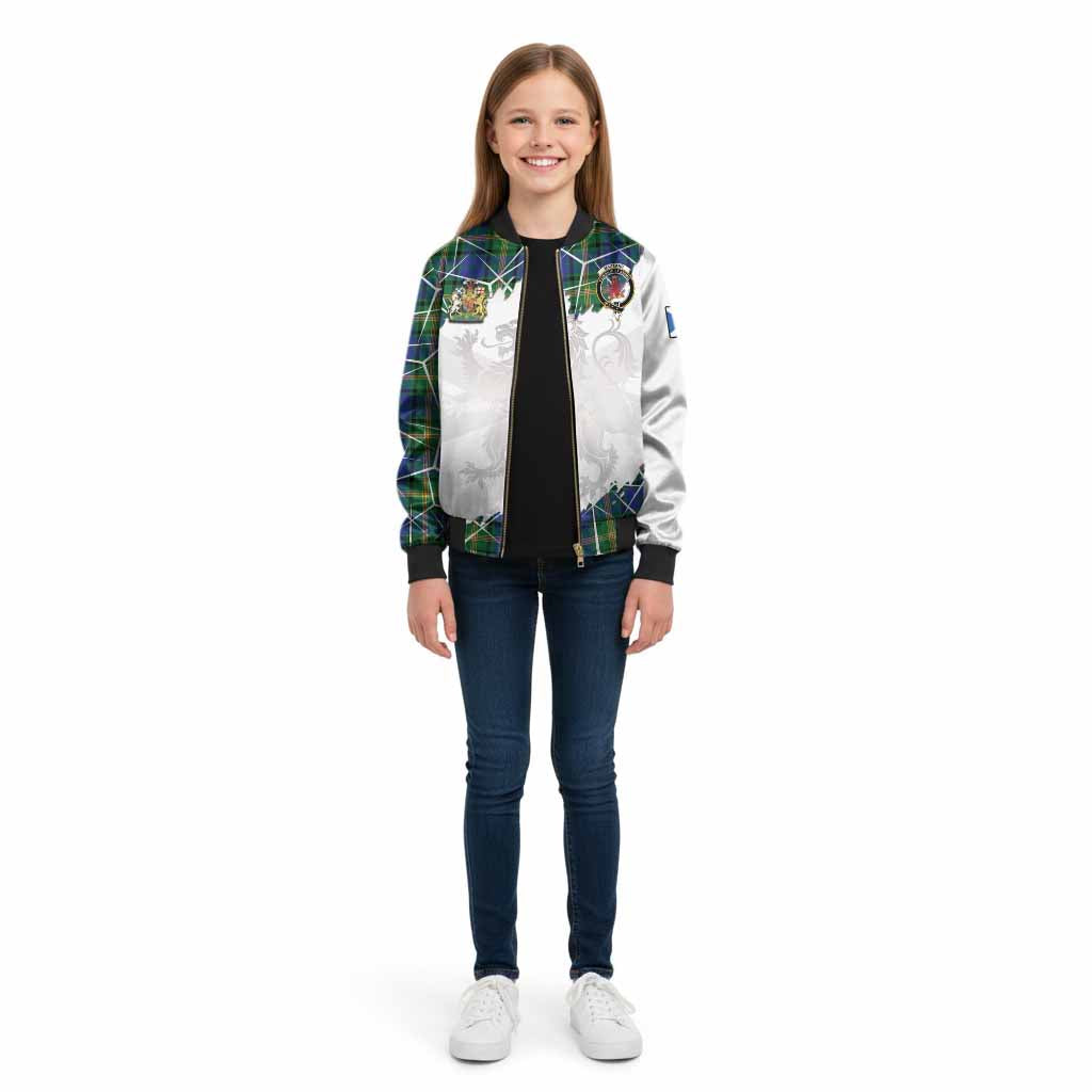 Maitland Tartan Kid Bomber Jacket with Family Crest and Lion Rampant Grunge Style