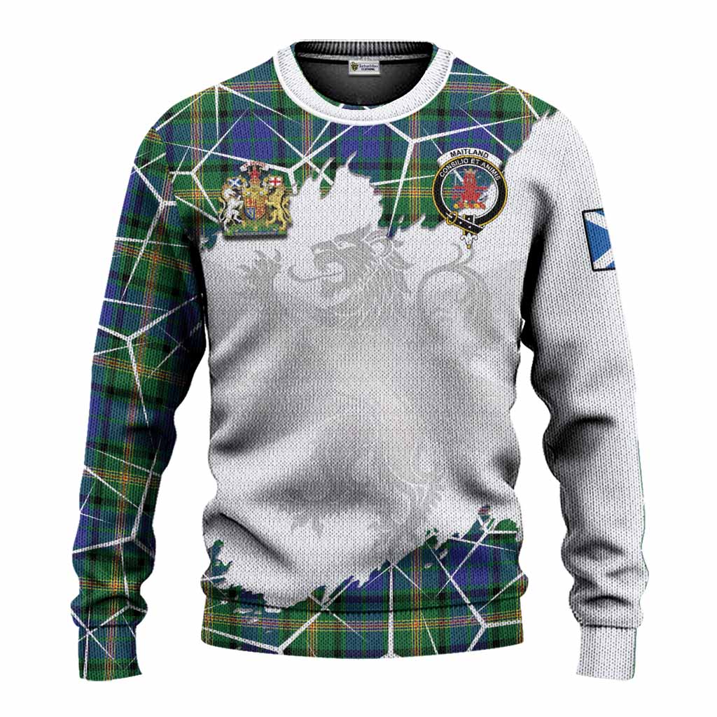 Maitland Tartan Knitted Sweater with Family Crest and Lion Rampant Grunge Style