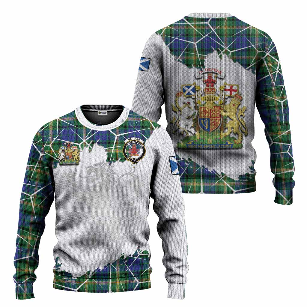 Maitland Tartan Knitted Sweater with Family Crest and Lion Rampant Grunge Style