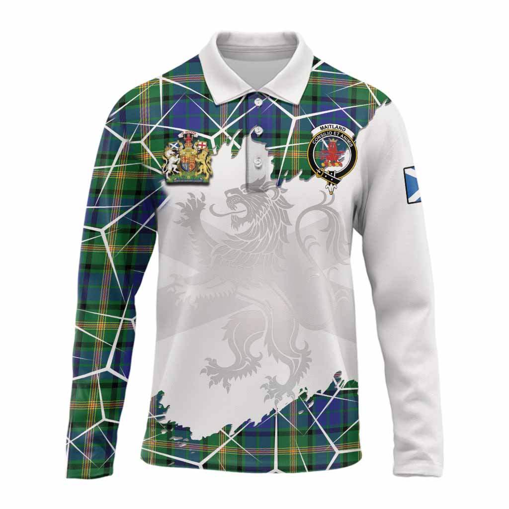 Maitland Tartan Long Sleeve Polo Shirt with Family Crest and Lion Rampant Grunge Style