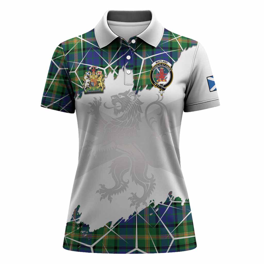 Maitland Tartan Women Polo Shirt with Family Crest and Lion Rampant Grunge Style