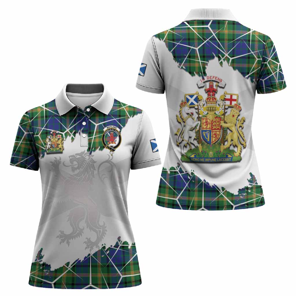 Maitland Tartan Women Polo Shirt with Family Crest and Lion Rampant Grunge Style