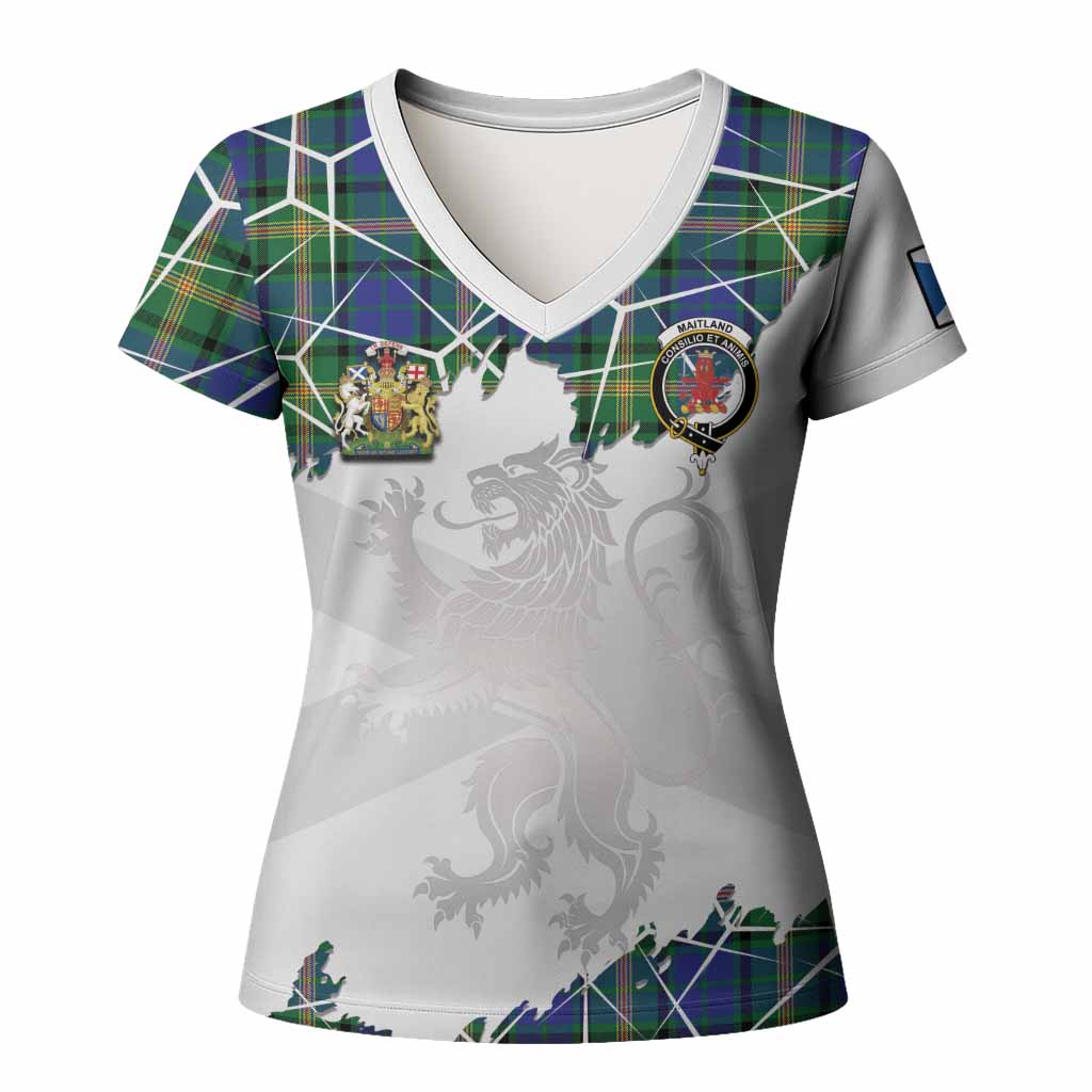 Maitland Tartan Women T shirt with Family Crest and Lion Rampant Grunge Style