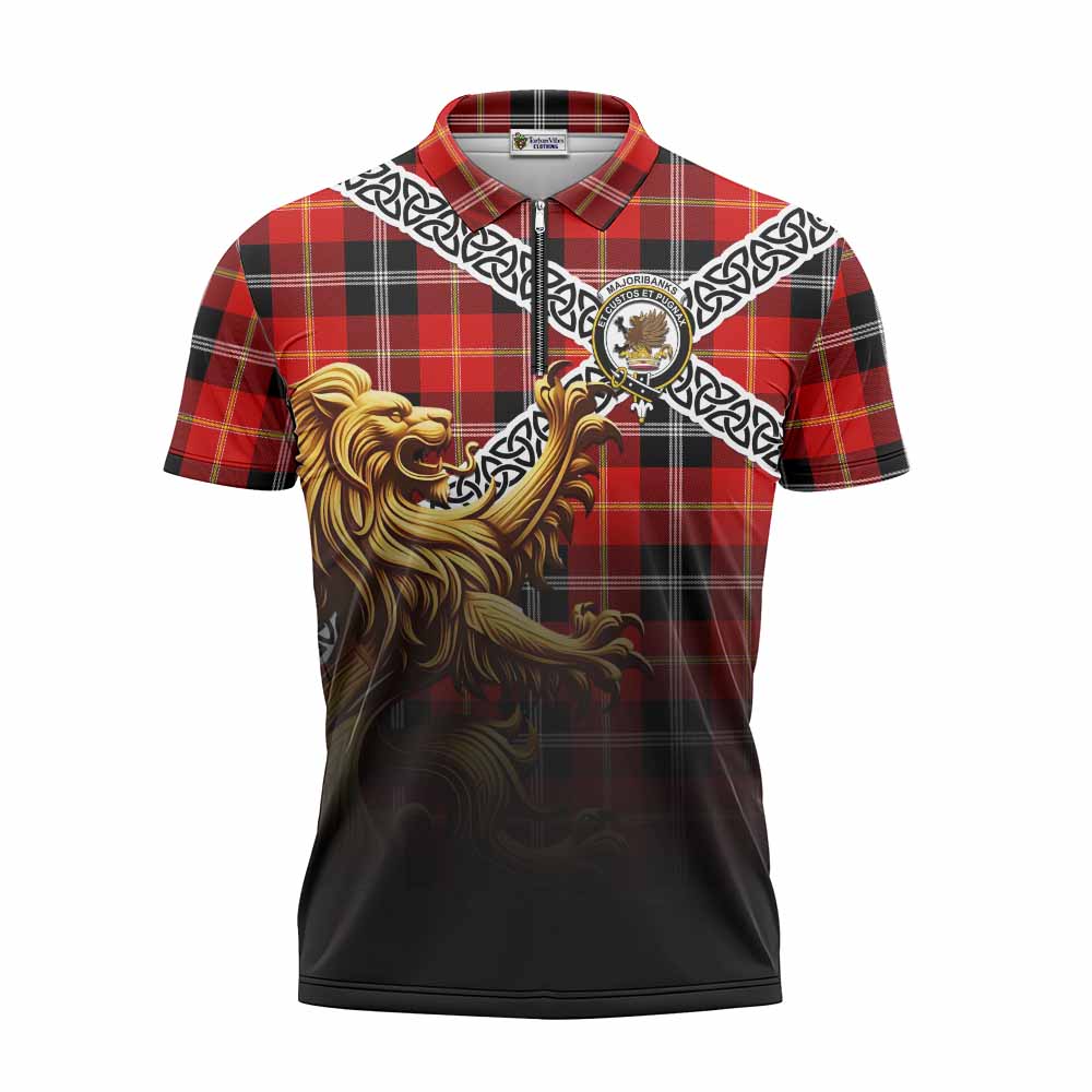 Majoribanks Crest Tartan Zipper Polo Shirt with Golden Lion Emblem Celtic Style Unisex - Tartan Vibes Clothing
