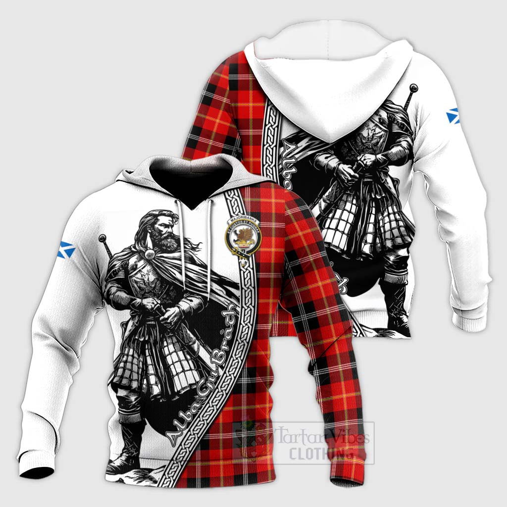 Majoribanks Tartan Clan Crest Knitted Hoodie with Highlander Warrior Celtic Style Unisex Knitted Pullover Hoodie - Tartan Vibes Clothing
