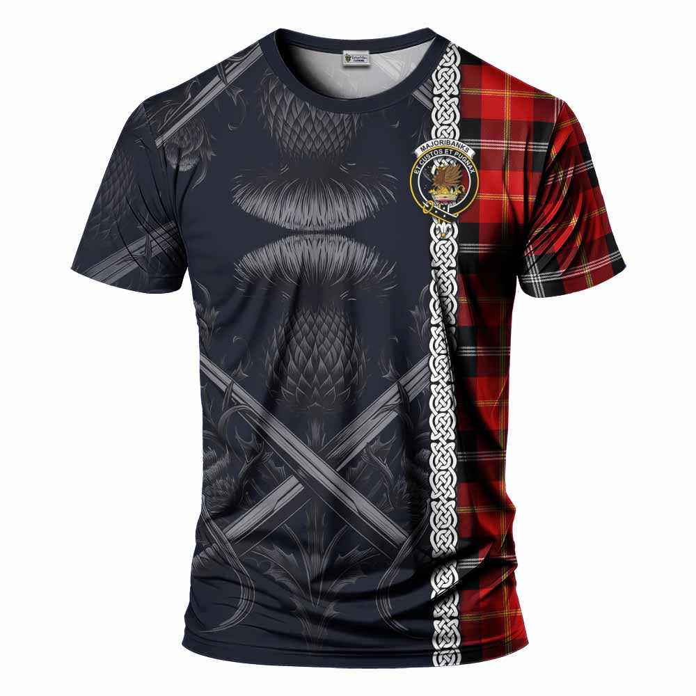 Tartan Vibes Clothing Majoribanks Tartan T-Shirt with Family Crest Cross Sword Thistle Celtic Vibes