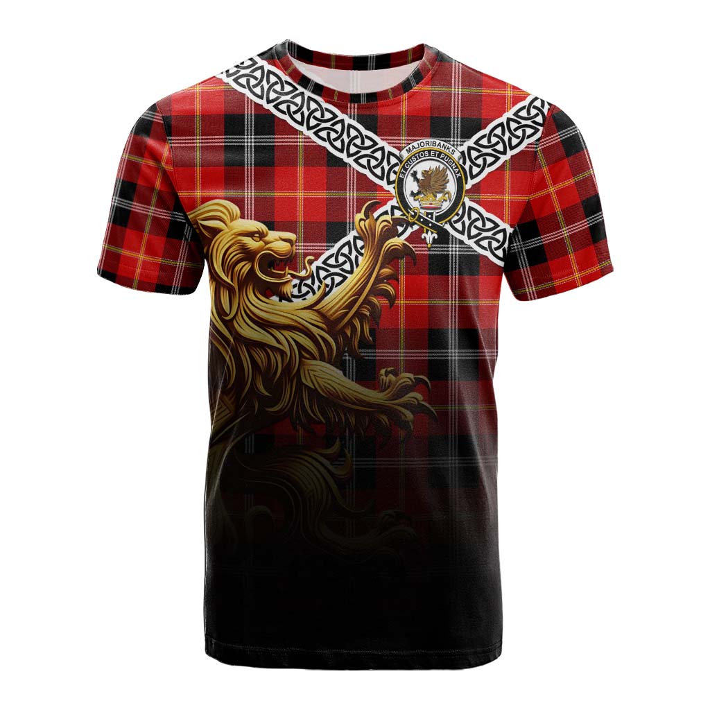 Tartan Vibes Clothing Majoribanks Crest Tartan Cotton T-shirt with Golden Lion Emblem Celtic Style