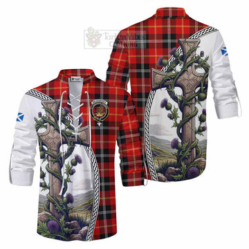 Majoribanks Tartan Ghillie Kilt Shirt with Family Crest and St. Andrew's Cross Accented by Thistle Vines Men - Tartan Vibes Clothing