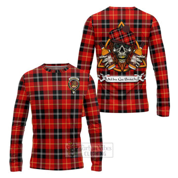 Majoribanks Tartan Long Sleeve T-Shirt with Family Crest and Bearded Skull Holding Bottles of Whiskey Unisex - Tartan Vibes Clothing