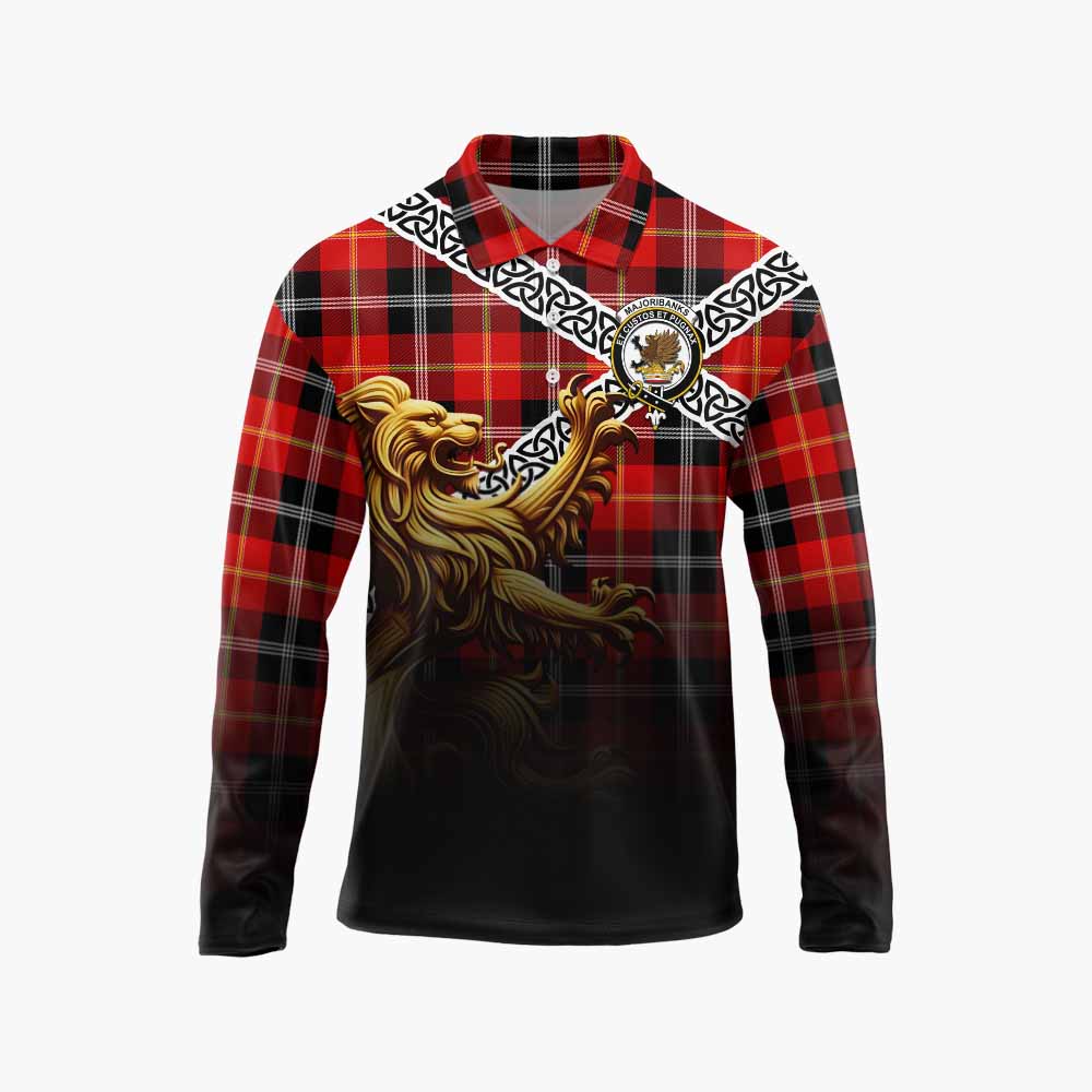 Majoribanks Crest Tartan Long Sleeve Polo Shirt with Golden Lion Emblem Celtic Style Unisex - Tartan Vibes Clothing