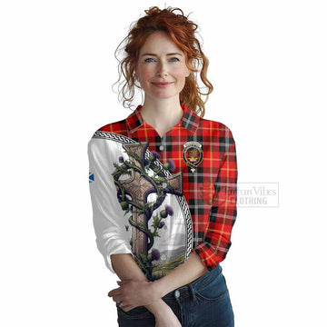 Majoribanks Tartan Women's Casual Shirt with Family Crest and St. Andrew's Cross Accented by Thistle Vines Female - Tartan Vibes Clothing