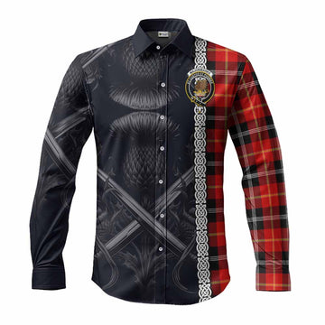Tartan Vibes Clothing Majoribanks Tartan Long Sleeve Button Shirt with Family Crest Cross Sword Thistle Celtic Vibes