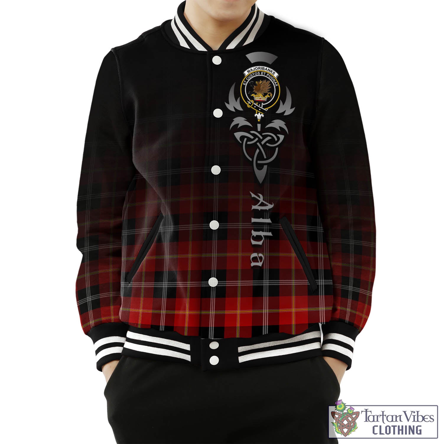 Majoribanks Tartan Baseball Jacket Featuring Alba Gu Brath Family Crest Celtic Inspired Unisex - Tartan Vibes Clothing