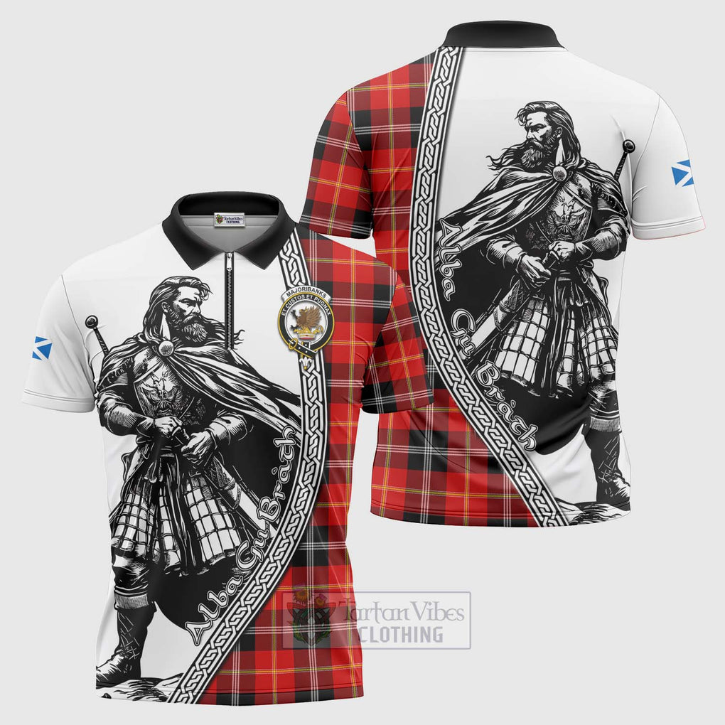 Majoribanks Tartan Clan Crest Zipper Polo Shirt with Highlander Warrior Celtic Style Unisex - Tartan Vibes Clothing