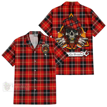 Majoribanks Tartan Hawaiian Shirt with Family Crest and Bearded Skull Holding Bottles of Whiskey Kid - Tartan Vibes Clothing