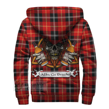 Majoribanks Tartan Sherpa Hoodie with Family Crest and Bearded Skull Holding Bottles of Whiskey - Tartan Vibes Clothing