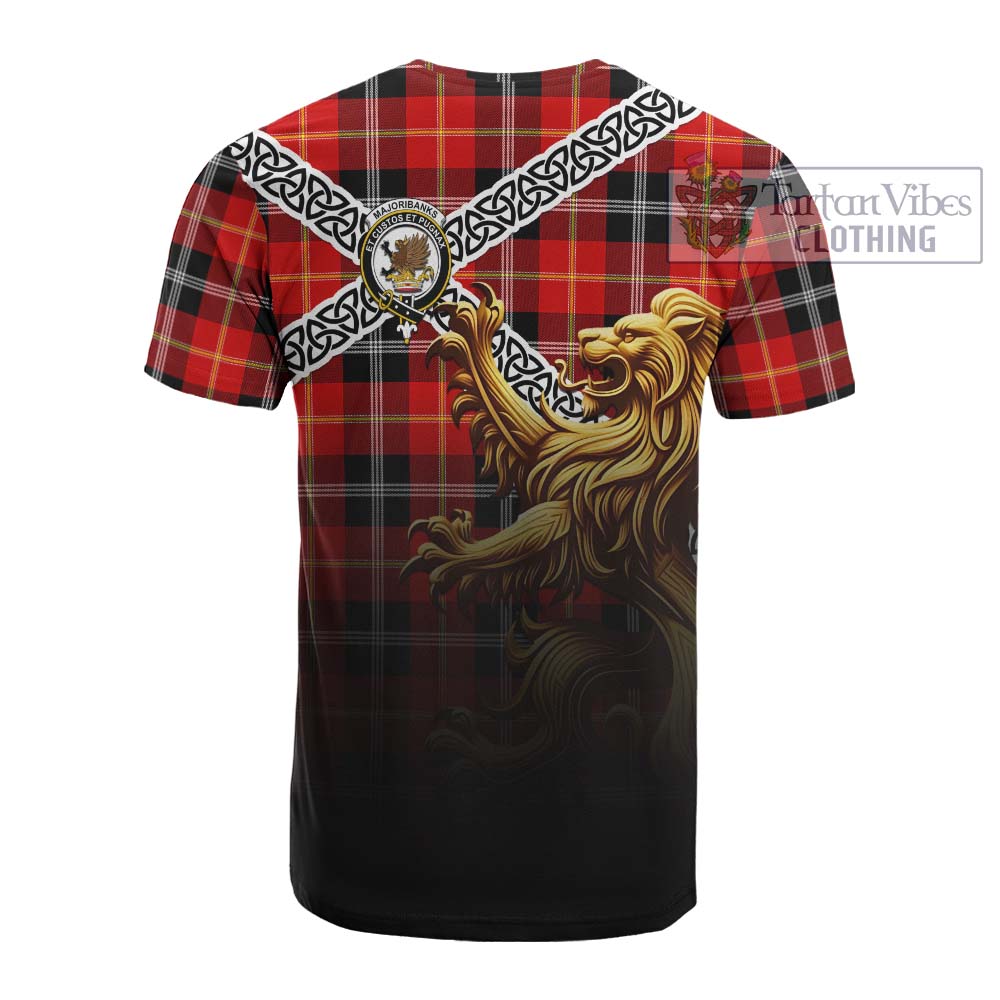 Tartan Vibes Clothing Majoribanks Crest Tartan Cotton T-shirt with Golden Lion Emblem Celtic Style