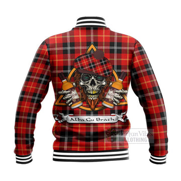 Majoribanks Tartan Baseball Jacket with Family Crest and Bearded Skull Holding Bottles of Whiskey - Tartan Vibes Clothing