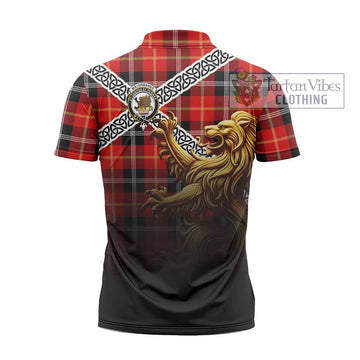 Majoribanks Crest Tartan Zipper Polo Shirt with Golden Lion Emblem Celtic Style - Tartan Vibes Clothing